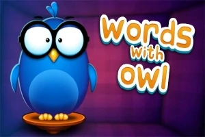Egy kék bagoly nagy szemüveggel áll egy narancssárga talapzaton, mellette a words with owl felirat látható