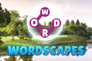 Egy kék WORDSCAPES felirat előtt, fehér háttér körben elhelyezkedő, rózsaszín vonalakkal összekötött betűk, amelyeken O, W, R, D láthatóak, háttérben zöldellő fák és egy tó