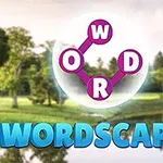 Egy kék WORDSCAPES felirat előtt, fehér háttér körben elhelyezkedő, rózsaszín vonalakkal összekötött betűk, amelyeken O, W, R, D láthatóak, háttérben zöldellő fák és egy tó