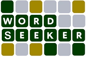 Zöld, szürke és sárga kockákból álló rács feliratokkal, amelyek a WORD SEEKER szavakat formázzák