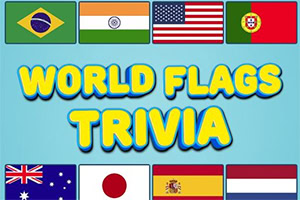Különböző országok zászlói kék háttér előtt, a World Flags Trivia szöveggel a középpontban
