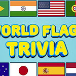 Különböző országok zászlói kék háttér előtt, a World Flags Trivia szöveggel a középpontban