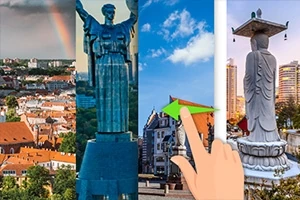 Különböző helyszíneket és szobrokat ábrázoló négy részre osztott kép, előtérben egy kéz, amely zöld nyilat mutat az egyik szoborra