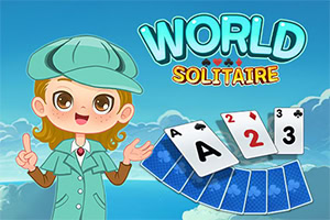 Rajzfilmes figura nyomozó kalapban kártyákat tart egy kék háttér előtt, mellette a World Solitaire felirat