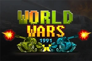 Két, egymás felé tüzelő tank zöld és kék színben, a World Wars 1991 szöveg előtt