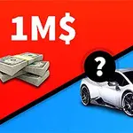 Egy piros-kék háttér, bal oldalon pénzkötegek 1M$ jelzéssel, jobb oldalon egy fehér sportautó, középen egy kérdőjellel