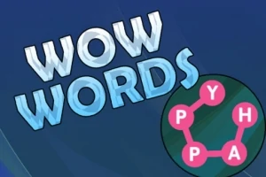 Kék háttér előtt WOW WORDS felirat látható, mellette egy piros színű, hálózatszerű ábra betűkkel