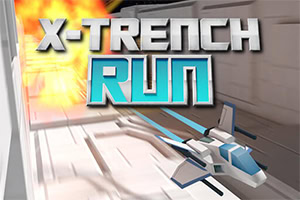 Űrhajó repül alagútban, mellette robbanás, felette X-Trench Run felirattal