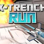 Űrhajó repül alagútban, mellette robbanás, felette X-Trench Run felirattal