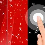 Egy kéz álló mutatóujjal érinti a fekete csempét, miközben csillagok díszítik a piros hátteret