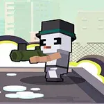 Egy rajzfilmszerű figura cilinderben fegyvert tart egy városi háttér előtt