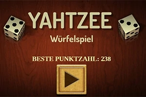 Két kockával díszített, fa hátterű kép a YAHTZEE Würfelspiel szöveggel és a legjobb pontszámmal, valamint egy lejátszás gombbal