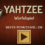 Két kockával díszített, fa hátterű kép a YAHTZEE Würfelspiel szöveggel és a legjobb pontszámmal, valamint egy lejátszás gombbal
