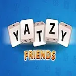 Kék háttér előtt a YATZY FRIENDS szöveg, karakterek helyett dobókockákon lévő betűkkel, mellette mosolygós dobókocka és részleges pontozótábla