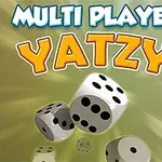 A kép közepén lebegő, több oldalán pontokkal ellátott dobókockák láthatók, felettük nagy, színes MULTI PLAYER YATZY felirattal