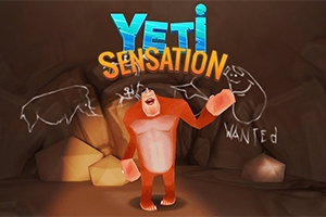 Egy rajzfilmszerű narancssárga yeti áll egy barlangban, háttérben kréta rajzokkal és a Yeti Sensation felirattal