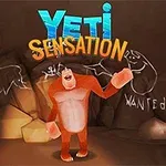 Egy rajzfilmszerű narancssárga yeti áll egy barlangban, háttérben kréta rajzokkal és a Yeti Sensation felirattal