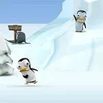 Animált hófödte táj pingvinekkel, egy Yetivel, egy fókával és egy útjelző táblával
