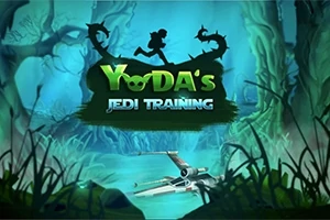 Zöld-kék színvilágú erdő jelenet Jedi-képzéssel és egy X-szárnyú űrhajóval a középpontban