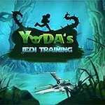 Zöld-kék színvilágú erdő jelenet Jedi-képzéssel és egy X-szárnyú űrhajóval a középpontban