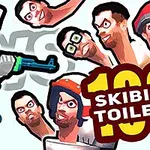 Egy színes illusztráció, amely bal oldalon egy fegyveres robotot, jobb oldalon pedig több emberi fejet ábrázol, amelyeken különböző arckifejezések láthatók, középen pedig a Skibidi Toilets 100 felirat szerepel