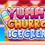 Színes Yummy Churros Ice Cream felirat édességeket ábrázoló háttérrel