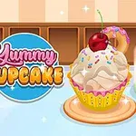 Egy színes muffin tejszínhabbal, cseresznyével és szórócukorral, mellette egy színes ital pohárban, szívószállal
