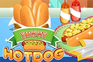Egy színes illusztráció hot doggal, egy zöld Yummy felirattal, ketchup és mustár flakonokkal, valamint egy tányér sajtos hot doggal