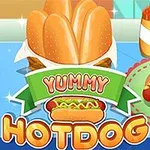 Egy színes illusztráció hot doggal, egy zöld Yummy felirattal, ketchup és mustár flakonokkal, valamint egy tányér sajtos hot doggal