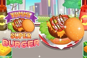 Egy gusztusos hamburger zöldségekkel és a felett egy szétvágott bucival, háttérben városi épületek