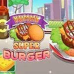 Egy gusztusos hamburger zöldségekkel és a felett egy szétvágott bucival, háttérben városi épületek