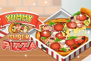 Egy pizzás dobozban lévő, sajttal és különféle feltétekkel bőségesen megpakolt pizza illusztrációja