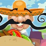 Egy mosolygó, bajuszos figura nagy sombreró kalapban, egy taco étellel az előtérben