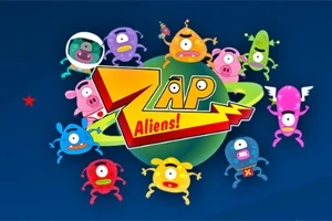 Színes, különböző formájú kis idegen figurák gyűrűje egy zöld bolygó körül, középen egy Zap Aliens!