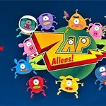 Színes, különböző formájú kis idegen figurák gyűrűje egy zöld bolygó körül, középen egy Zap Aliens!