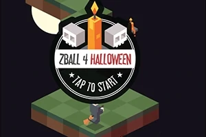 3D-s izometrikus ábrázolás egy Halloween témájú játékról, amelyen egy gyertya és koponyák láthatóak, valamint ZBall 4 Halloween felirat