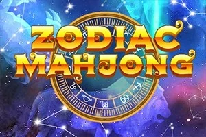 Csillagokkal és színes felhőkkel teli űrháttér előtt arany és sárga színű Zodiac Mahjong szöveg egy zodiákuskörrel