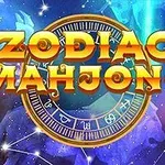 Csillagokkal és színes felhőkkel teli űrháttér előtt arany és sárga színű Zodiac Mahjong szöveg egy zodiákuskörrel