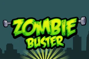 Zöld fényben világító Zombie Buster felirat egy sötét háttér előtt, körülötte apró súlyzók és városi sziluett