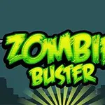 Zöld fényben világító Zombie Buster felirat egy sötét háttér előtt, körülötte apró súlyzók és városi sziluett