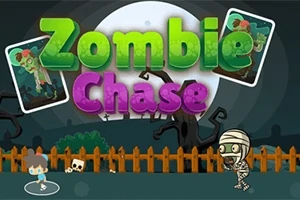 Színes Zombie Chase felirat egy éjszakai háttéren, ahol egy rajzolt fiú és múmiafigura kergetőzik egy kerítés előtt