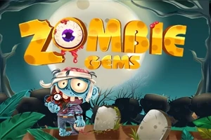 Rajzolt zombi karikatúra áll egy temetőben sírkövekkel, nagy teliholdal a háttérben, színes Zombie Gems felirattal