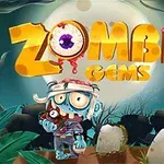 Rajzolt zombi karikatúra áll egy temetőben sírkövekkel, nagy teliholdal a háttérben, színes Zombie Gems felirattal