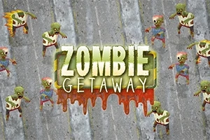 Zöld zombik futnak szürke útfelületen egy Zombie Getaway felirat körül