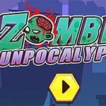Zöld zombifejet ábrázoló élénk színes logó lila háttér előtt, közepén egy sárga lejátszás gombbal