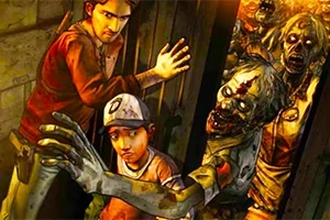 Egy fiatal fiú és egy férfi próbálják bezárni az ajtót, miközben zombik próbálnak betörni