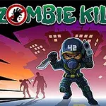 Egy katonai felszerelésben lévő figura készen áll a harcra, miközben háttérben árnyékos zombik és égő város sziluettje látható