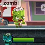 Rajzfilmszerű zombi karakter, aggyal a fején, háttérben emberekkel és szövegbuborékokkal