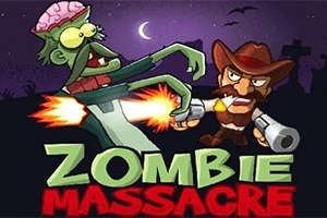Kép egy rajzolt zombit ábrázol, akit egy pisztolyos cowboy lő, a háttérben éjszakai égbolt és sírok láthatók