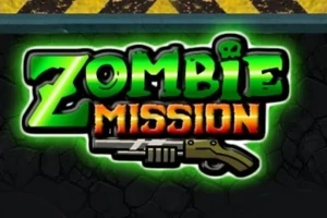 Zöld neonfényes Zombie Mission felirat, alatta egy puskával, sötét háttérrel